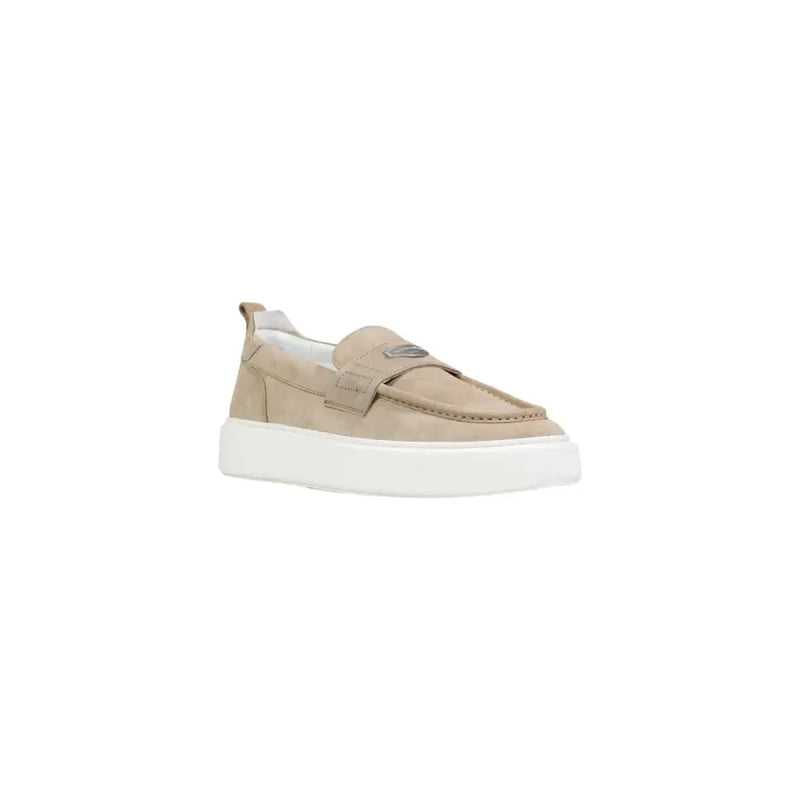 Beige suede antony morato men leather moccasin loafers with white platform sole and metallic logo on the vamp
