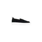Antony Morato men leather moccasin shoes in black suede with white platform sole and metallic emblem on toe