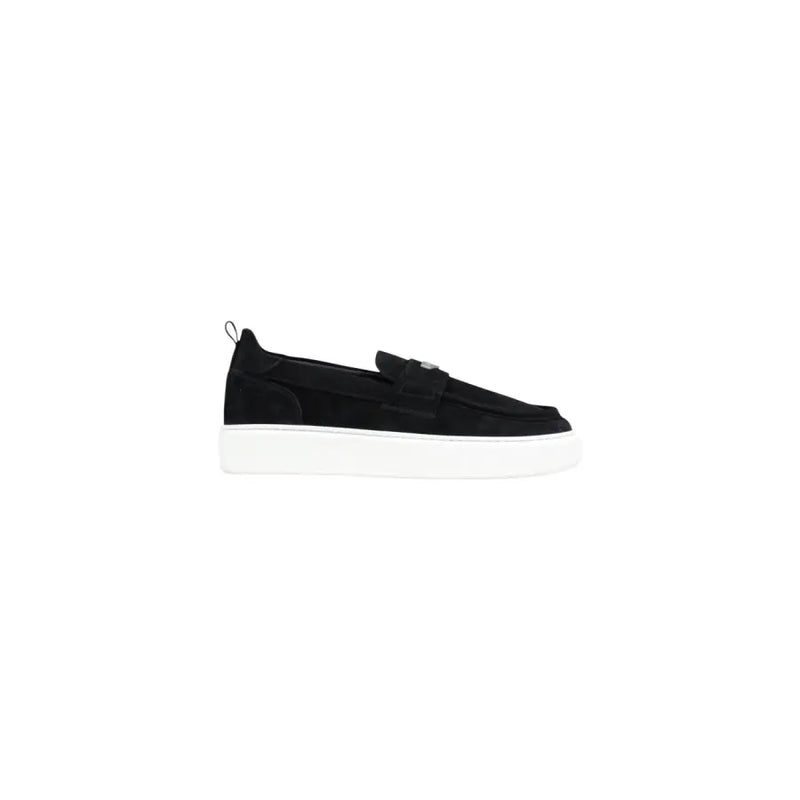 Antony Morato men leather moccasin shoes in black suede with white platform sole and metallic emblem on toe
