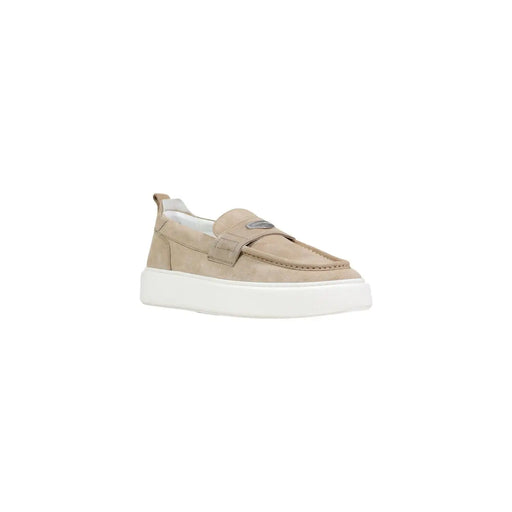 Beige suede antony morato men leather moccasin loafers with white platform sole and metallic logo on the vamp