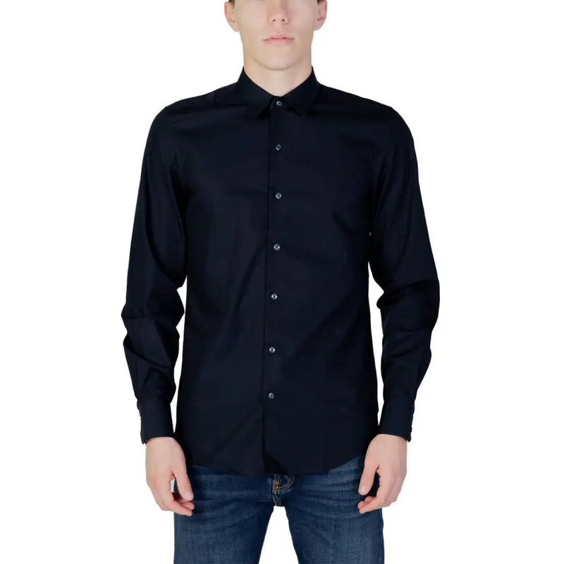 Men’s navy blue long-sleeved button-up shirt with classic collar for Antony Morato collection