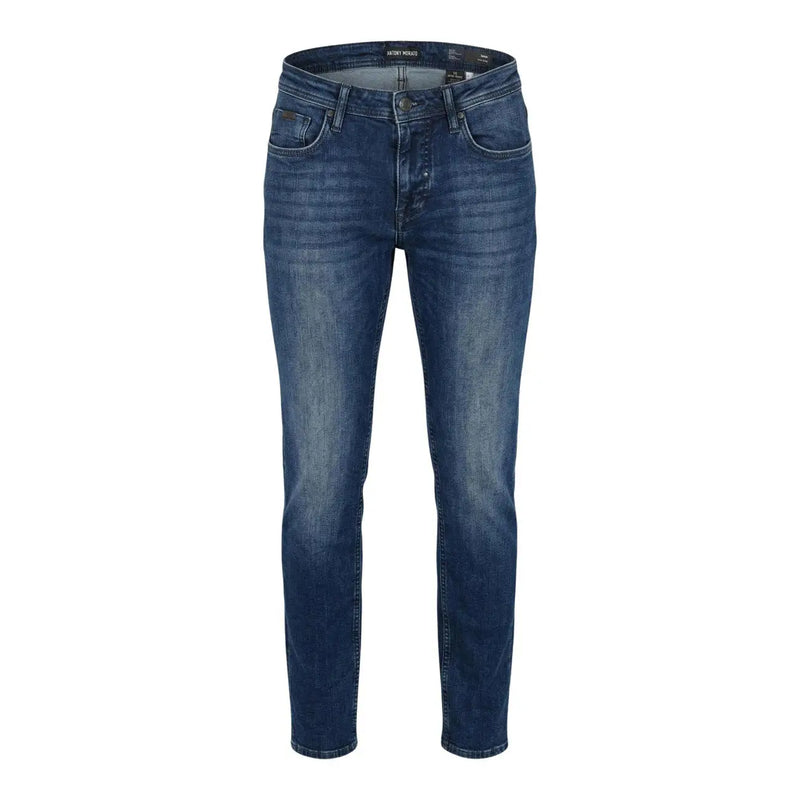 Antony morato men ozzy tapered fit blue cotton jeans in dark blue denim with slim fit and subtle fading