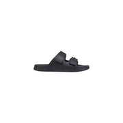 Black leather slide sandal with two adjustable straps and minimalist design by Antony Morato for men