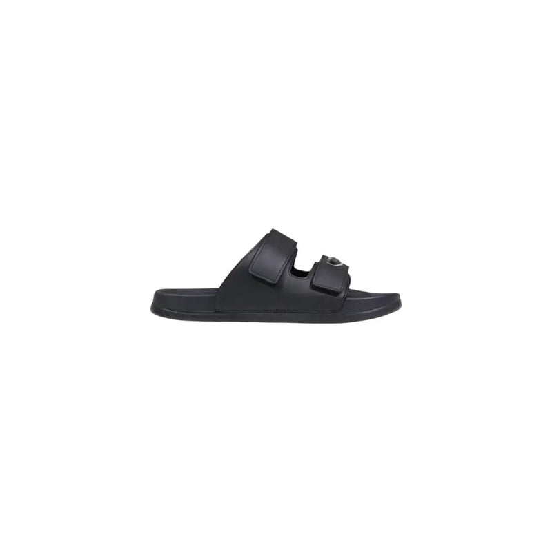 Black leather slide sandal with two adjustable straps and minimalist design by Antony Morato for men