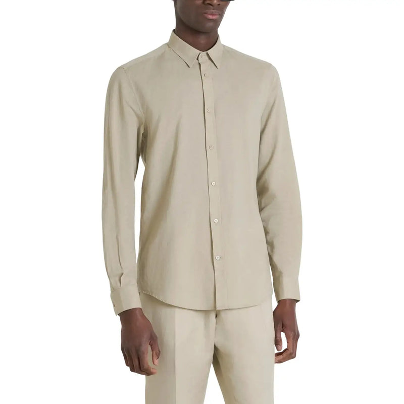 Beige long-sleeved Antony Morato men shirt with a classic collar paired with matching trousers