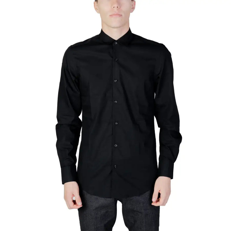 Antony Morato men shirt black long-sleeved button-down with stand collar and subtle textured fabric