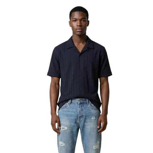 Antony Morato men shirt dark navy short-sleeved button-up with vertical ribbed texture suitable for casual wear