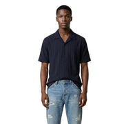 Antony Morato men shirt dark navy short-sleeved button-up with vertical ribbed texture suitable for casual wear