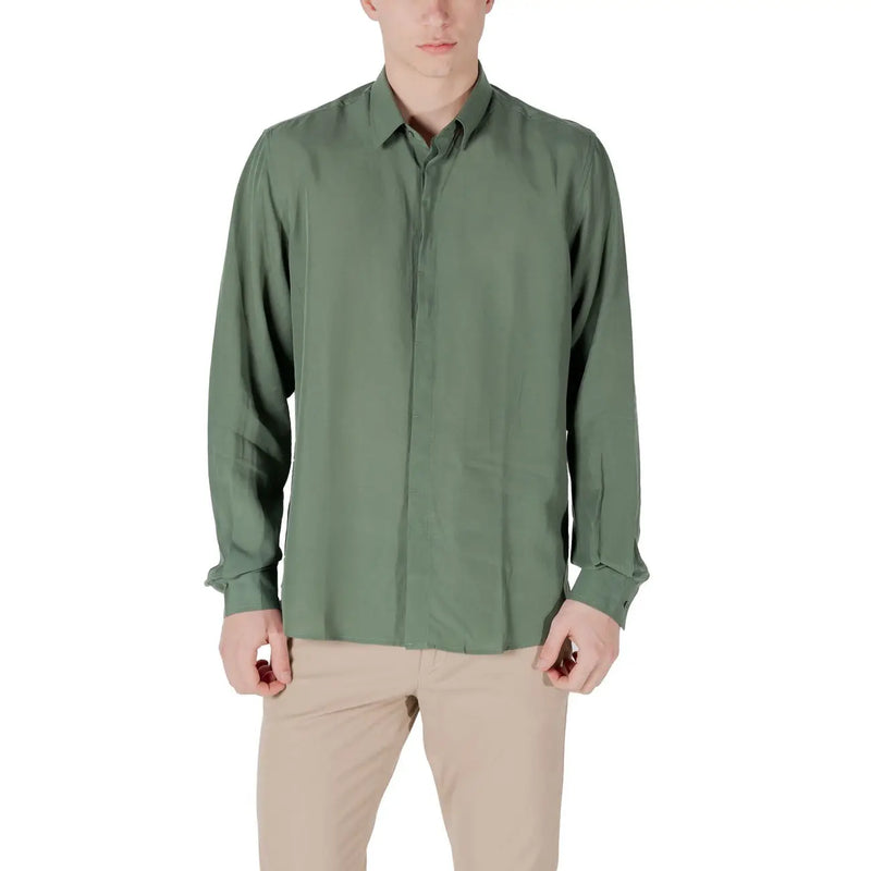Antony Morato men shirt olive green long-sleeved button-down with classic collar and folded cuffs