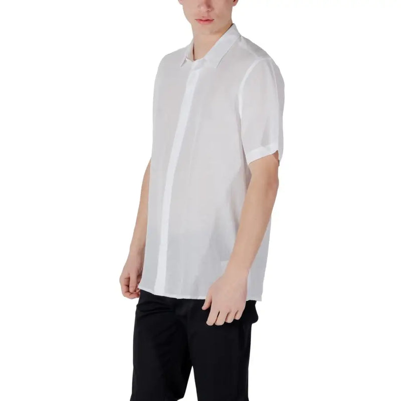 Antony Morato men shirt in crisp white short sleeve with subtle vertical seam detail for casual or formal wear