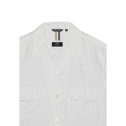 White cotton button-down men shirt with two front pockets and collar featuring antony morato brand label inside