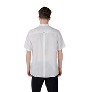 White short-sleeved button-up shirt by antony morato showing back side with subtle vertical seam detail