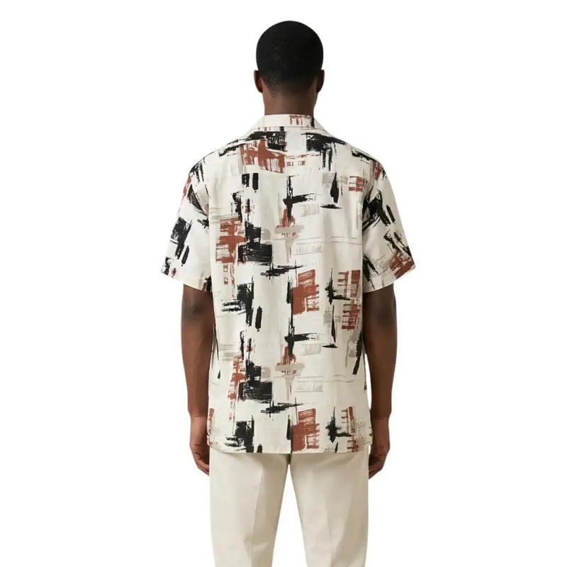 Antony Morato Chemise homme blanche à manches courtes avec motifs abstraits noirs, rouille et gris à coups de pinceau