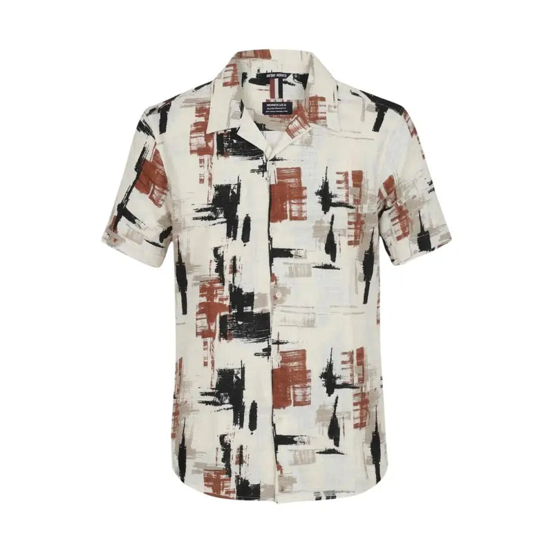 Antony Morato Chemise homme à manches courtes avec un motif abstrait audacieux noir rouille et crème sur fond blanc en coton