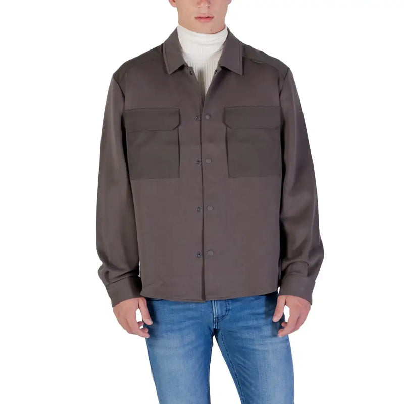 Antony Morato men shirt dark gray long-sleeved button-up with collar and two chest pockets