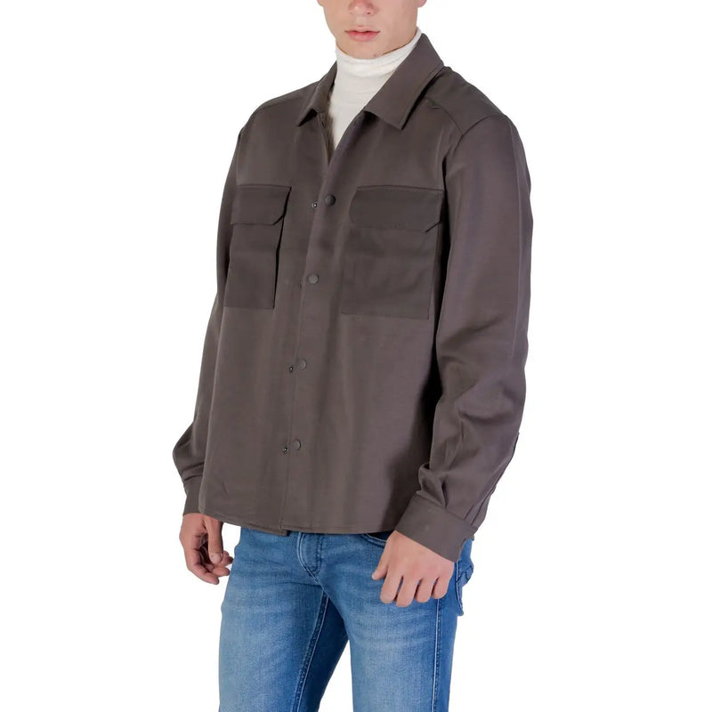 Antony Morato men shirt in dark gray featuring long sleeves and two large front patch pockets