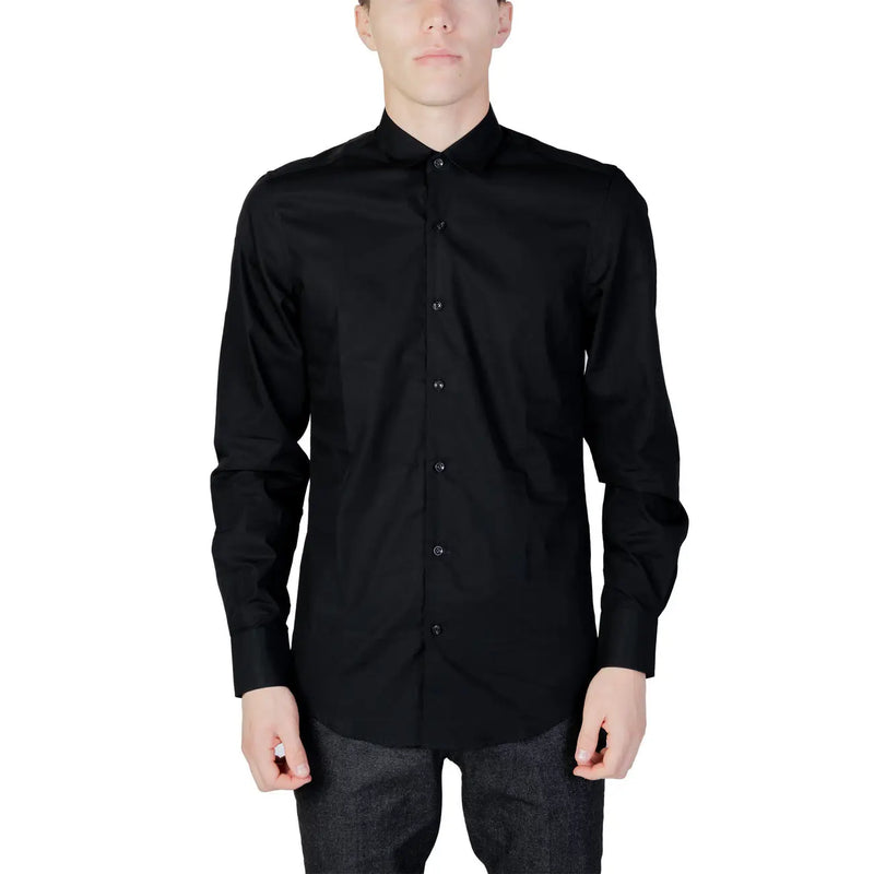 Antony Morato men shirt black long-sleeved button-down with stand collar and subtle textured fabric