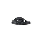 Antony Morato men slipper Kry black leather slide sandal with sleek minimalist design and metallic logo accent