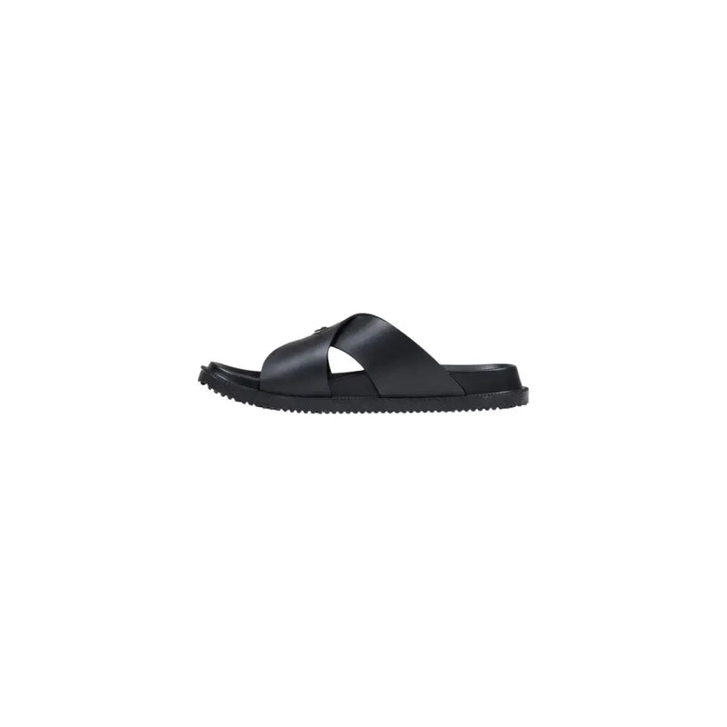 Antony Morato men slipper kry black open toe sandal in black leather with minimalist design and textured rubber sole