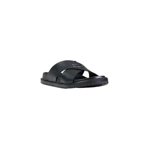 Antony Morato men slipper Kry black leather slide sandal with sleek minimalist design and metallic logo accent