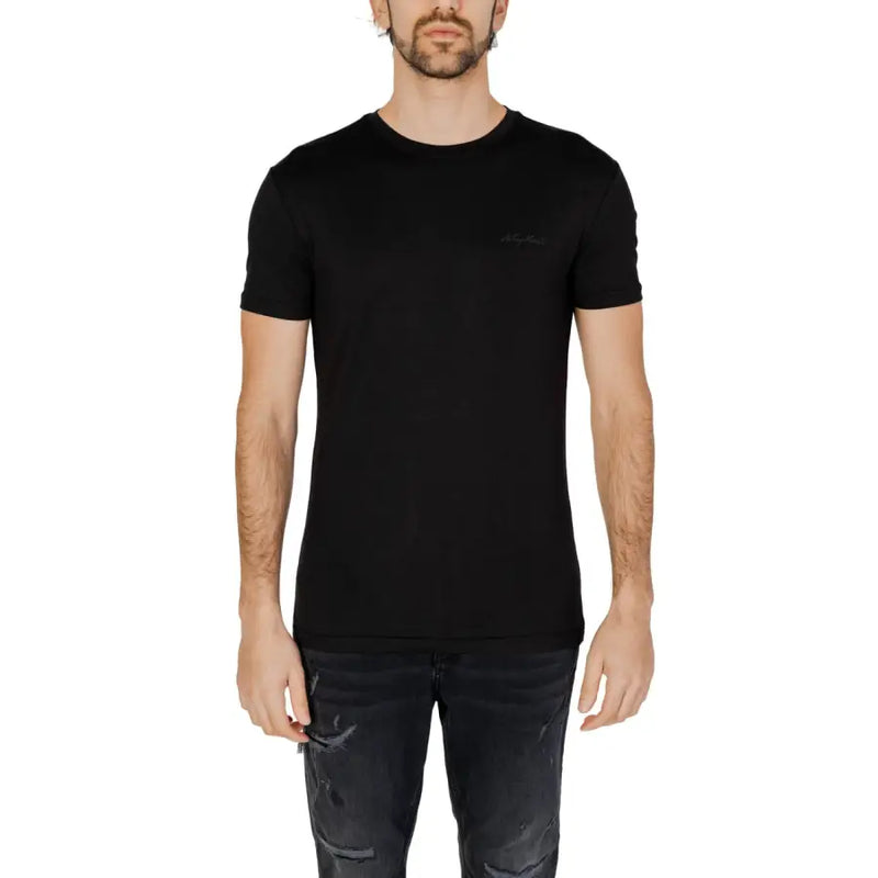 Antony Morato men t-shirt black crew-neck with subtle embroidered logo on left chest perfect for casual wear