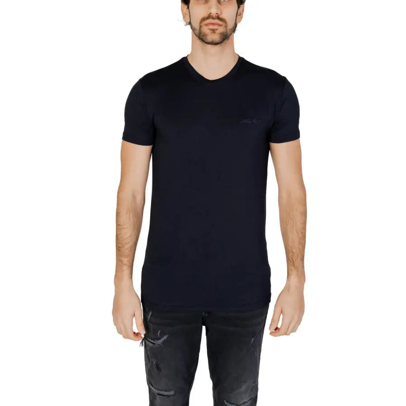 Antony Morato men t-shirt black cotton v-neck with subtle embroidered logo on the left chest