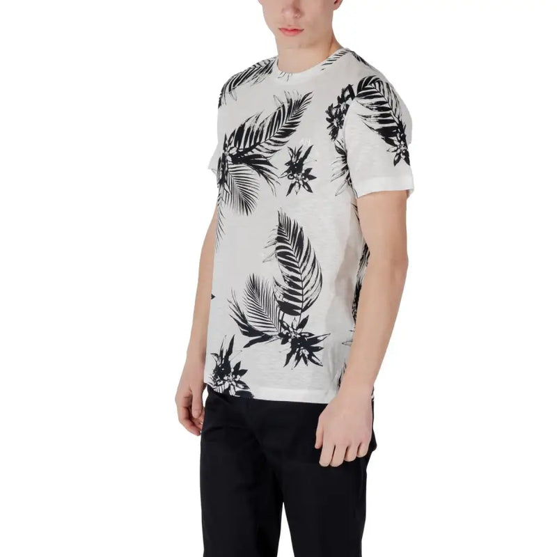 Antony Morato Männer t-shirt Weißes Kurzarmhemd mit auffälligem schwarzem Tropenblatt- und Blumenmuster auf weichem Stoff