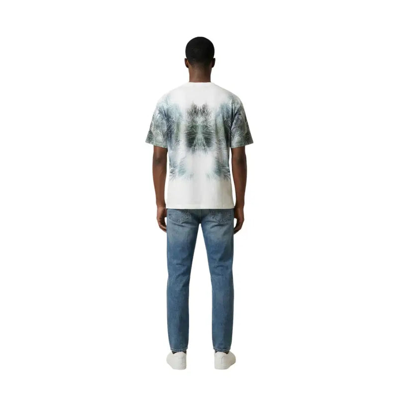 Antony Morato men t-shirt white with symmetrical abstract palm leaf print in green and gray tones
