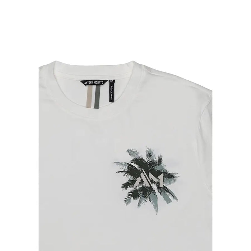 Antony Morato Männer t-shirt Weißer Baumwollstoff mit schwarzer und grauer Palmengrafik und AM-Logo mittig auf der Vorderseite