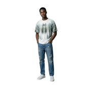 Antony Morato men t-shirt white with a symmetrical abstract wolf graphic in shades of green and gray