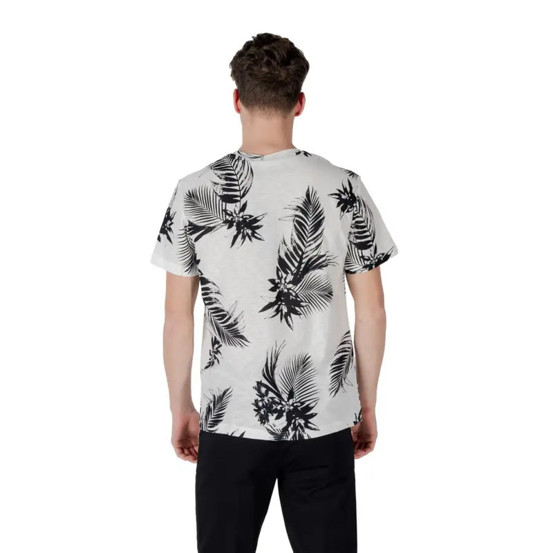 Antony Morato weißes Kurzarmhemd für Herren t-shirt mit einem auffälligen schwarzen tropischen Blatt- und Blumenmuster auf der Vorderseite