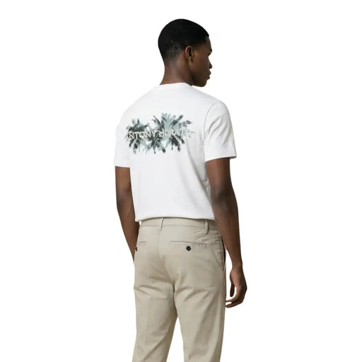 Image of the back side of a white Antony Morato men t-shirt with short sleeves and a palm tree graphic and text design