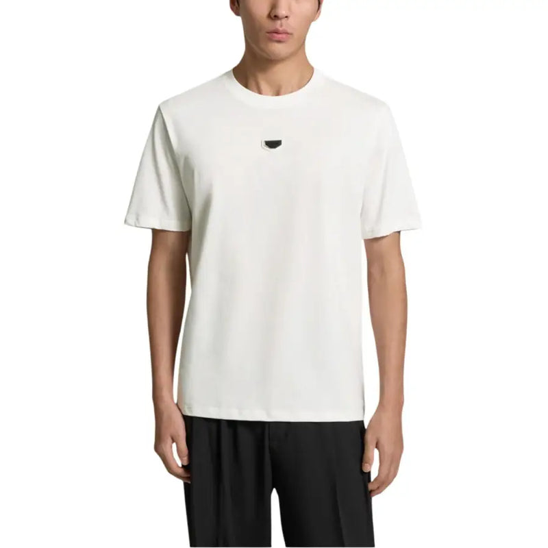White cotton Antony Morato men t-shirt with a crew neck and small black logo on the left chest