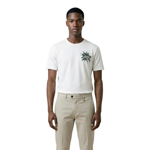 Antony Morato men white cotton t-shirt with subtle green palm leaf graphic on the left chest