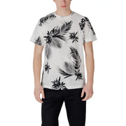 Antony Morato Männer t-shirt in Weiß mit schwarzem tropischem Blatt- und Blumenmuster aus weichem Baumwollstoff
