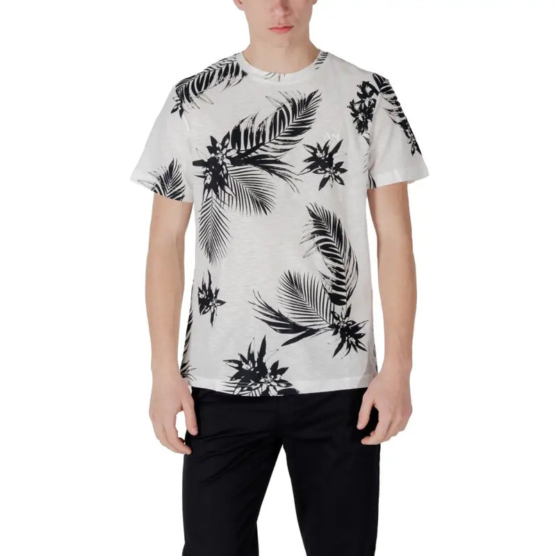Antony Morato Männer t-shirt in Weiß mit schwarzem tropischem Blatt- und Blumenmuster aus weichem Baumwollstoff