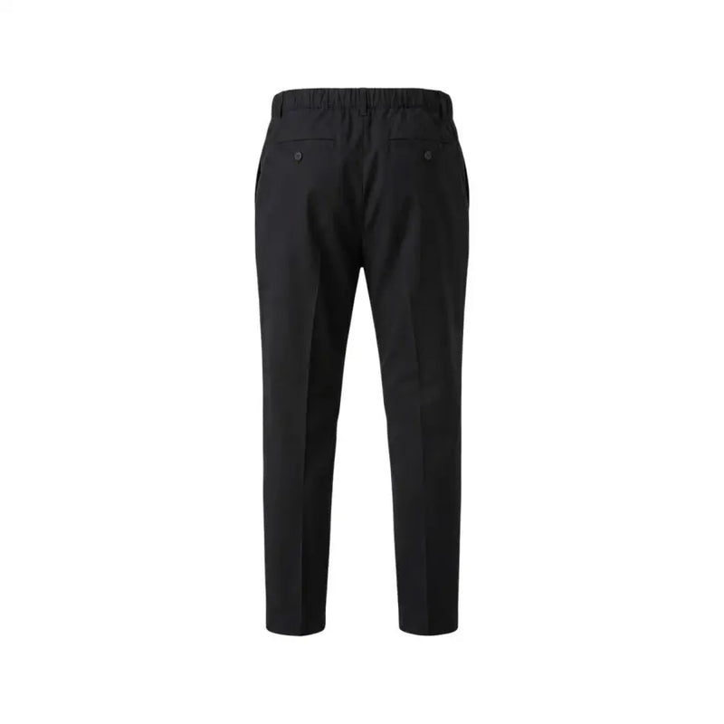 Black tailored Antony Morato men trousers with elastic waistband and two rear pockets shown from the back side