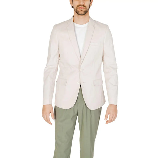 Antony Morato men white cotton modal blazer in light beige single-breasted tailored fit with two flap pockets