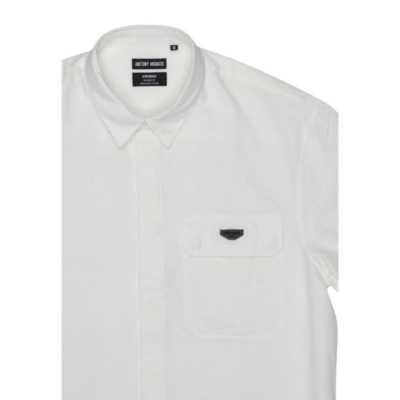 White cotton Antony Morato men shirt with black branded label and matching black chest pocket flap