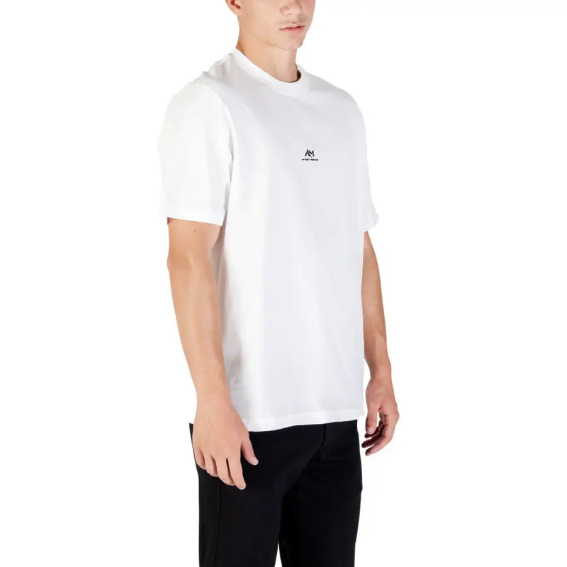Men’s white round neck cotton T shirt with small black graphic on chest for Antony Morato