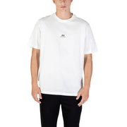 Men’s white round neck cotton T-shirt with small black graphic on chest