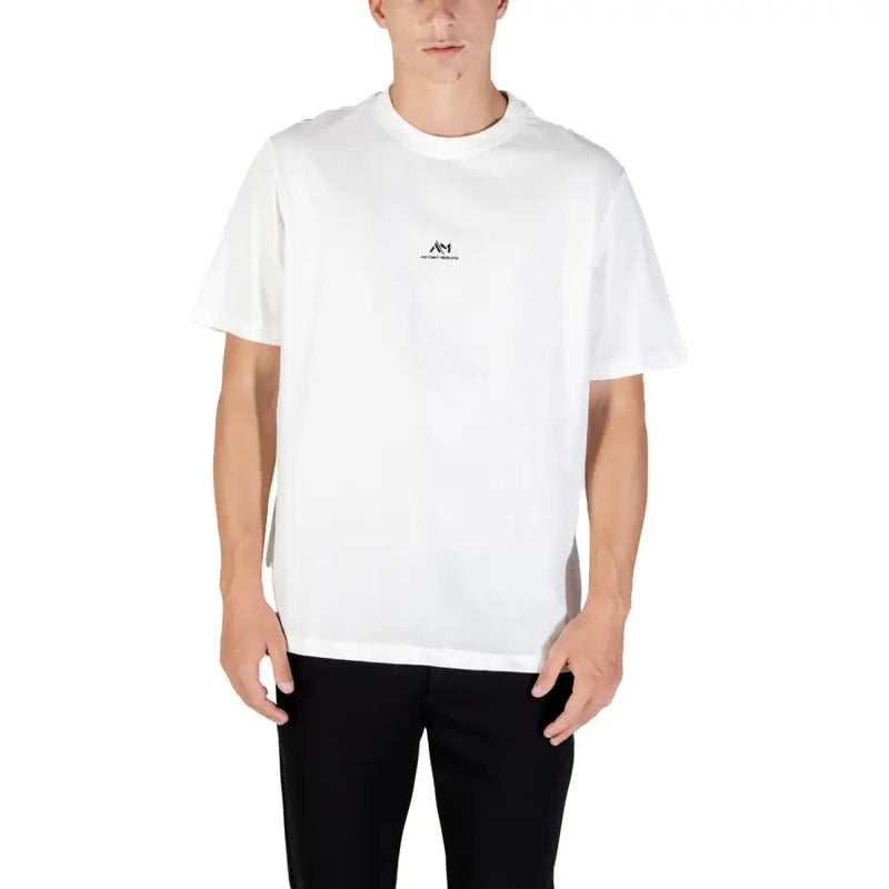 Men’s white round neck cotton T-shirt with small black graphic on chest
