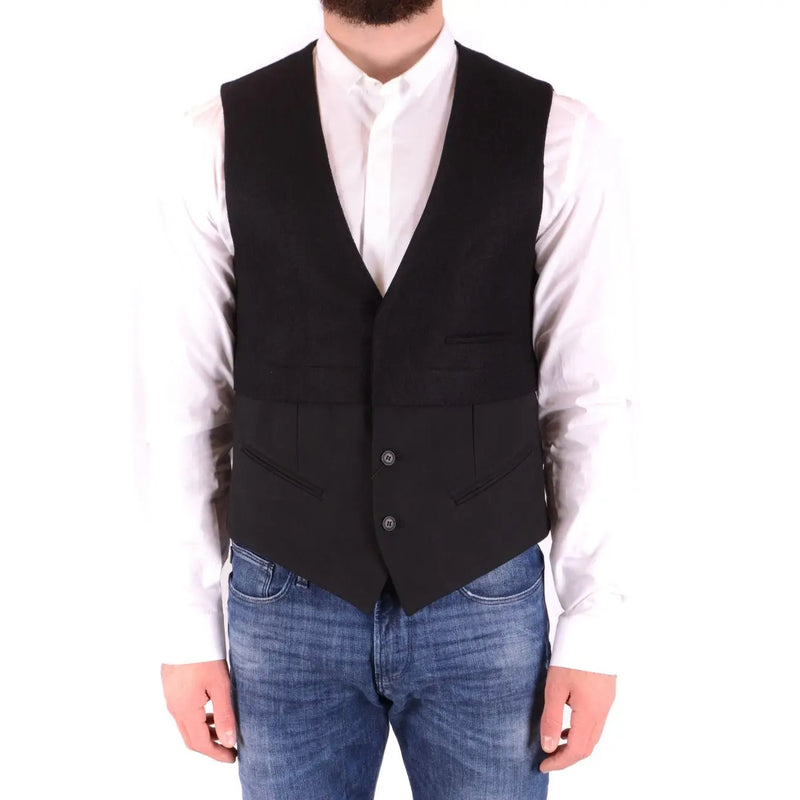 Antony Morato men wool blend black v neck tailored waistcoat with three buttons and flap pockets