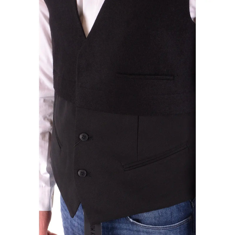 Antony Morato men wool blend black v neck tailored vest with sleek structured design and two front buttons