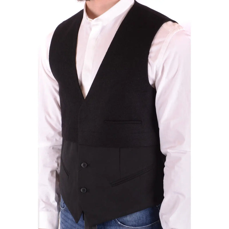 Antony Morato men wool blend black v neck gilet with two front buttons and a classic sleeveless design