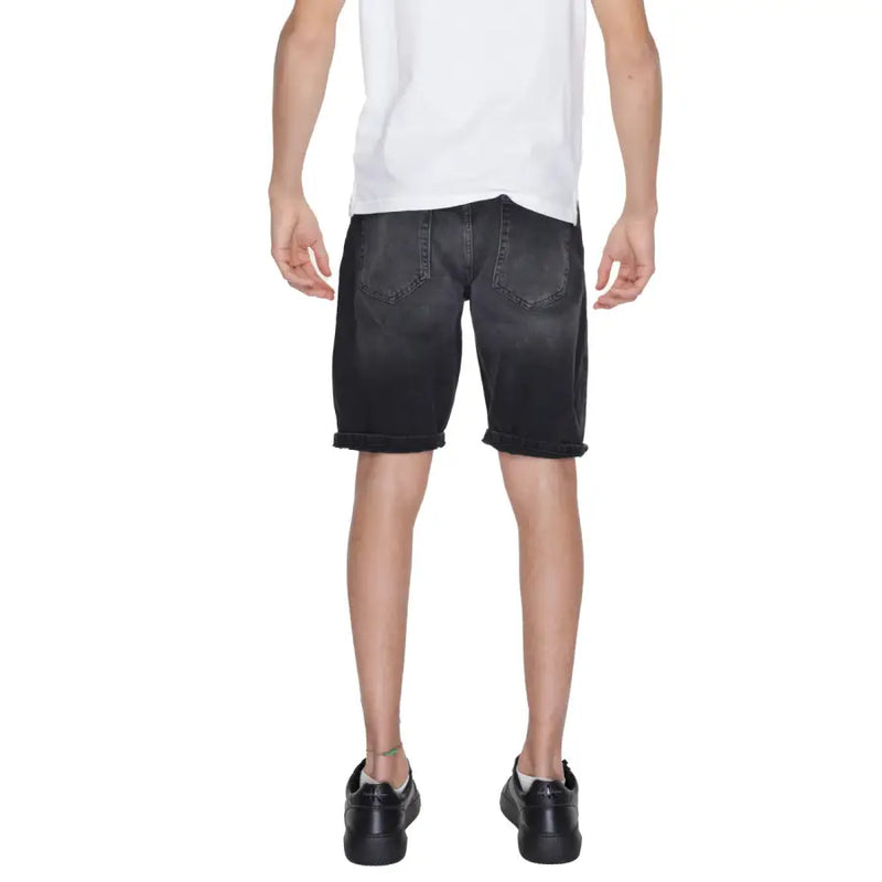 Antony Morato men’s black cotton denim shorts with rolled cuffs and classic five-pocket design