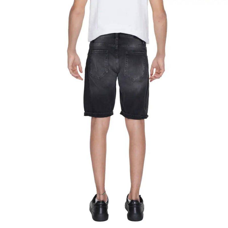 Antony Morato men’s black cotton denim shorts with faded wash and rolled cuffs front view