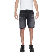 Antony Morato men’s black cotton denim shorts with a faded, distressed look and rolled cuffs