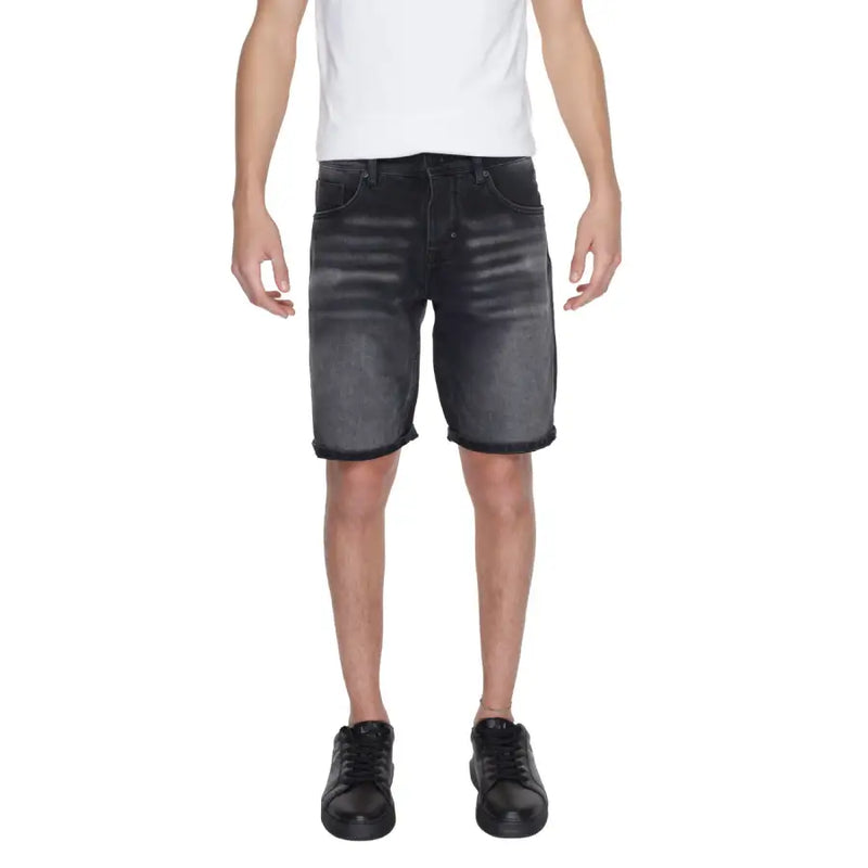 Antony Morato men’s black cotton denim shorts with a faded, distressed look and rolled cuffs