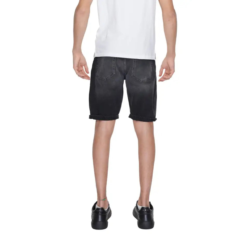 Antony Morato men’s black cotton denim shorts with rolled cuffs and classic five-pocket design